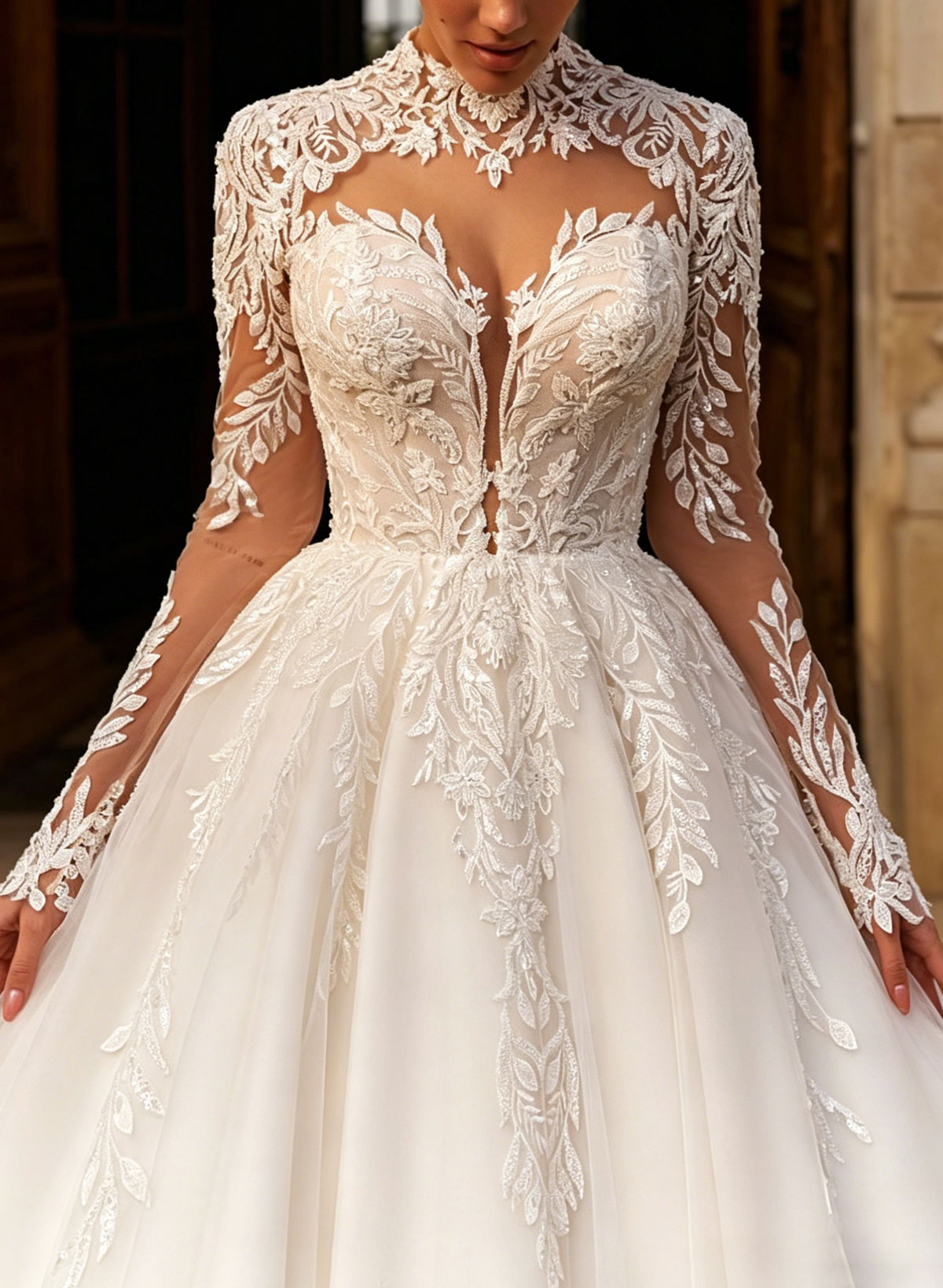 Ball-Gown High Neck Long Sleeves Chapel Train Satin/Tulle/Organza BRIDE With Appliques Lace