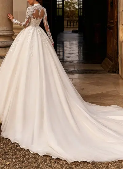 Ball-Gown High Neck Long Sleeves Chapel Train Satin/Tulle/Organza Wedding Dres With Appliques Lace