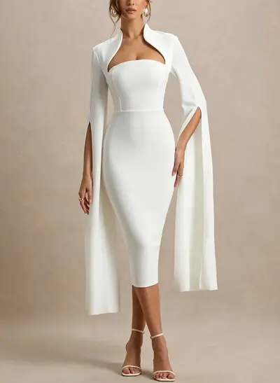 Sheath/Column Sweetheart Long Sleeves Tea-Length Elastic Satin Bride Wedding Dress