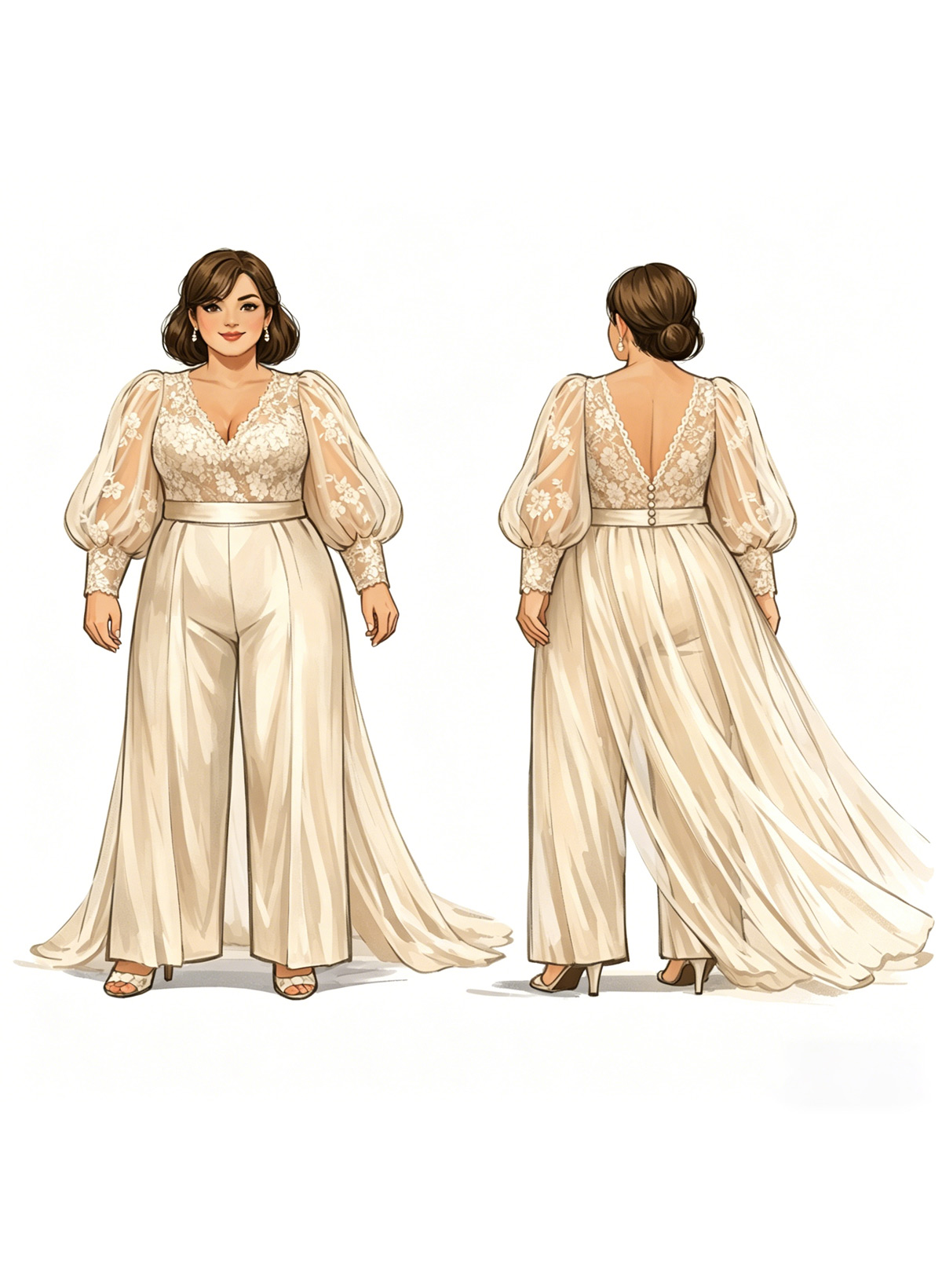 Jumpsuit/Pantsuit Sweetheart Long Sleeves Sweep Train Chiffon/Lace/Elastic Satin Bride Wedding Dress With Appliques Lace