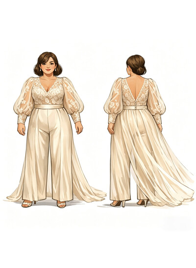 Jumpsuit/Pantsuit Sweetheart Long Sleeves Sweep Train Chiffon/Lace/Elastic Satin Bride Wedding Dress With Appliques Lace