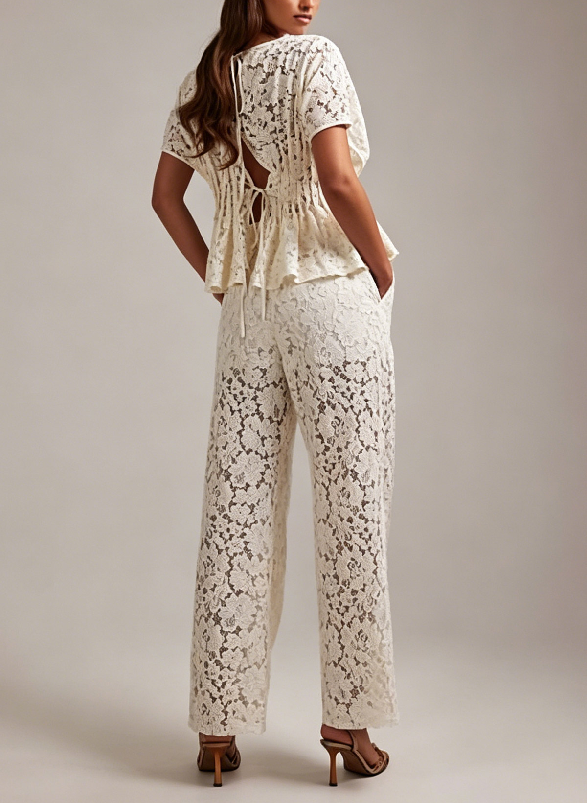 Jumpsuit/Pantsuit Scoop Neck Short Sleeves Floor-Length Lace Bride Wedding Dress With Appliques Lace