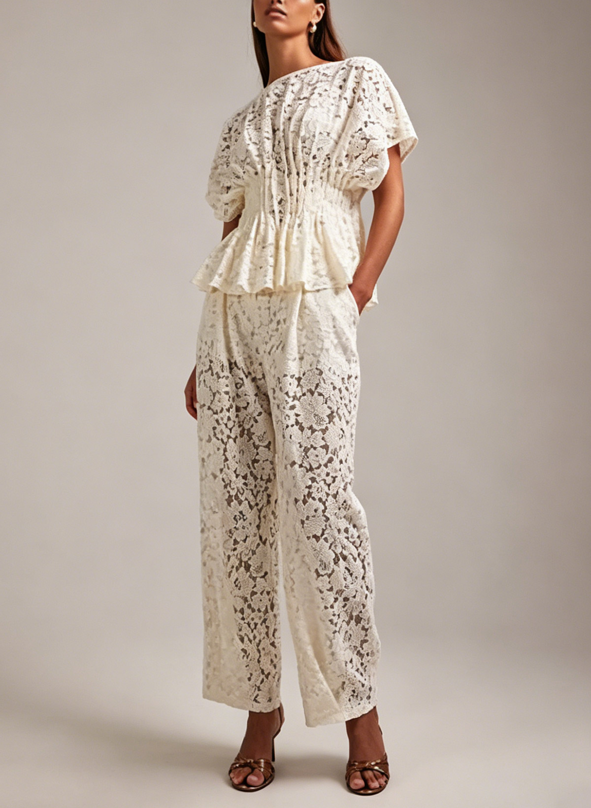 Jumpsuit/Pantsuit Scoop Neck Short Sleeves Floor-Length Lace Bride Wedding Dress With Appliques Lace