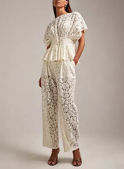 Jumpsuit/Pantsuit Scoop Neck Short Sleeves Floor-Length Lace Bride Wedding Dress With Appliques Lace
