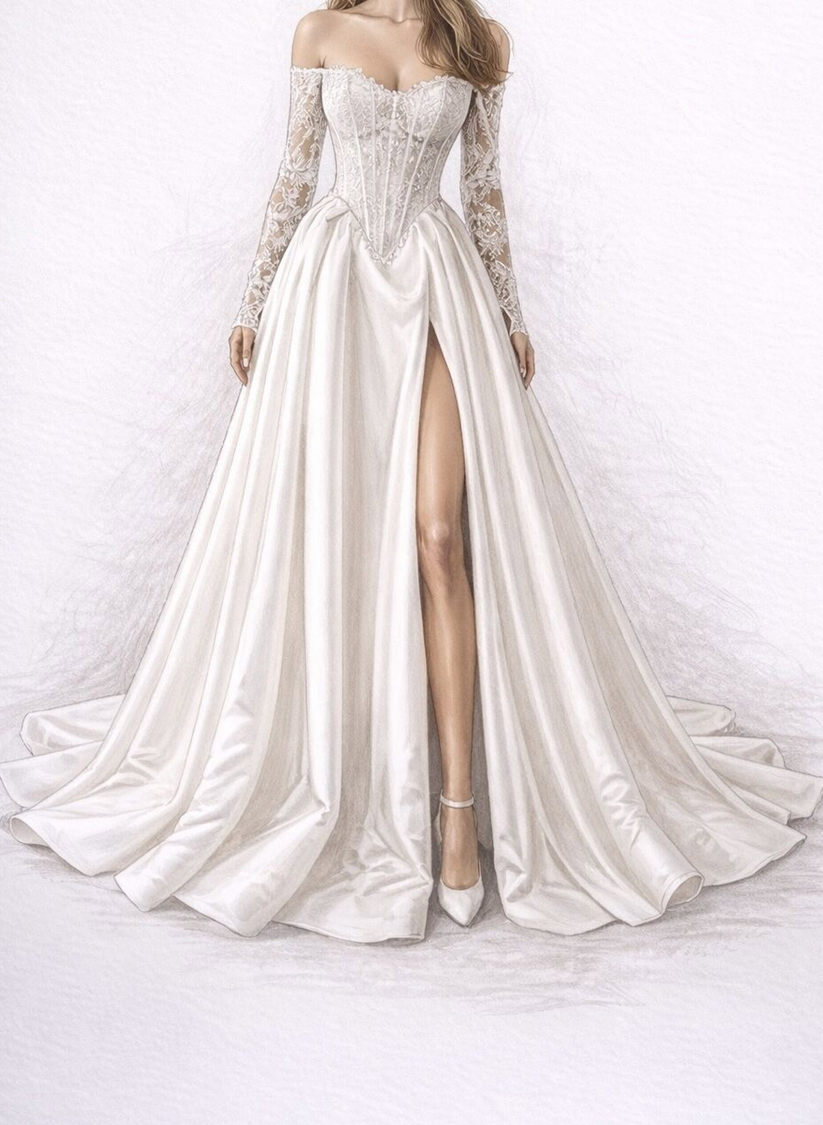 A-Line Off-The-Shoulder Long Sleeves Court Train Lace/Twill Satin Bride Wedding Dress With Appliques Lace
