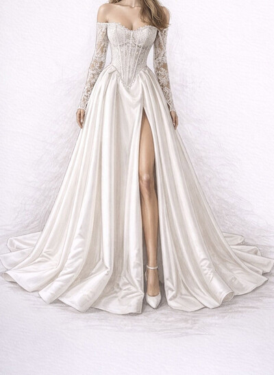 A-Line Off-The-Shoulder Long Sleeves Court Train Lace/Twill Satin Bride Wedding Dress With Appliques Lace