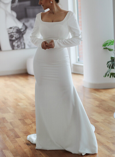 A-Line Square Neckline Long Sleeves Court Train Crepe Satin Bride Wedding Dress