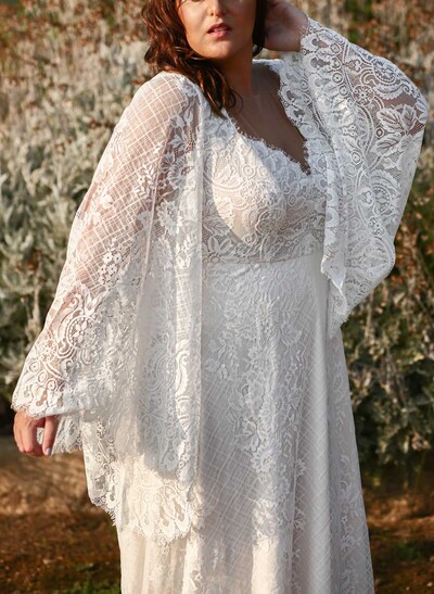 A-Line V-Neck Long Sleeves Court Train Lace Wedding Dresses With Appliques Lace