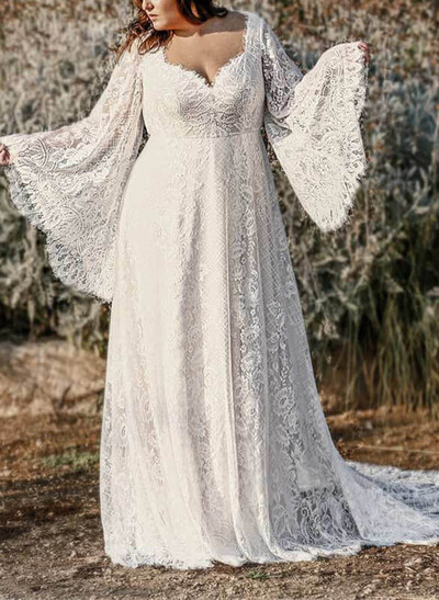 A-Line V-Neck Long Sleeves Court Train Lace Wedding Dresses With Appliques Lace