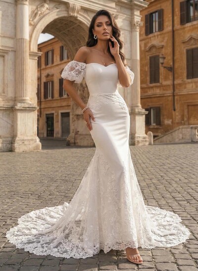 Trumpet/Mermaid Off-The-Shoulder Sleeveless Court Train Lace/Elastic Satin Wedding Dresses With Lace