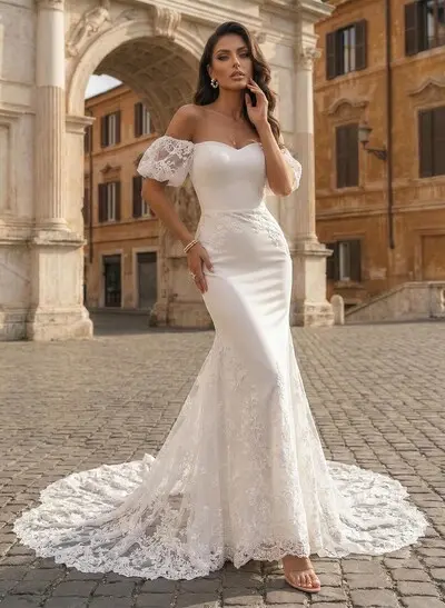 Trumpet/Mermaid Off-The-Shoulder Sleeveless Court Train Lace/Elastic Satin Wedding Dresses With Lace