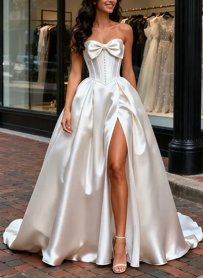A-Line Strapless Sleeveless Court Train Twill Satin Wedding Dresses With Bow(s)/Beading/High Split