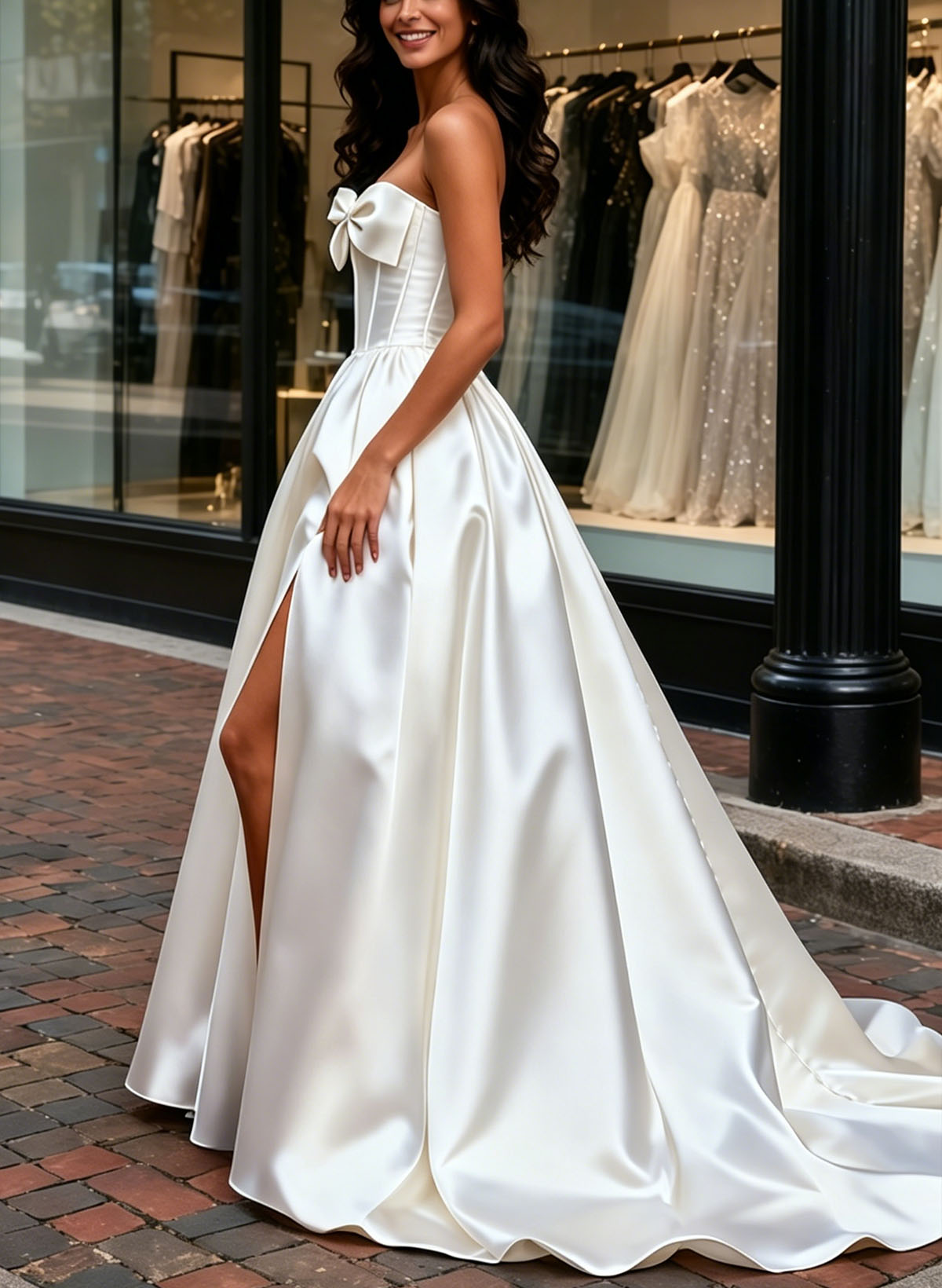 A-Line Strapless Sleeveless Court Train Twill Satin Wedding Dresses With Bow(s)/Beading/High Split