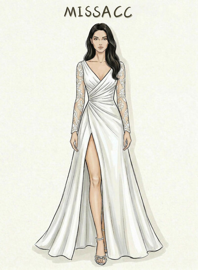 A-Line V-Neck Long Sleeves Court Train Lace/Satin Wedding Dresses With Lace/High Split