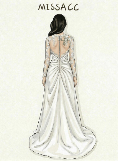 A-Line V-Neck Long Sleeves Court Train Lace/Satin Wedding Dresses With Lace/High Split