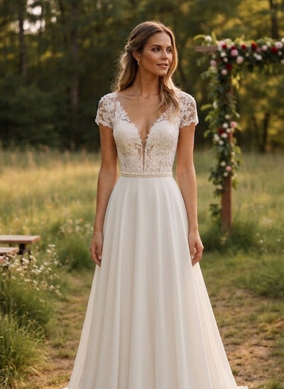 A-Line V-Neck Short Sleeves Lace/Tulle Bride Wedding Dress With Appliques Lace