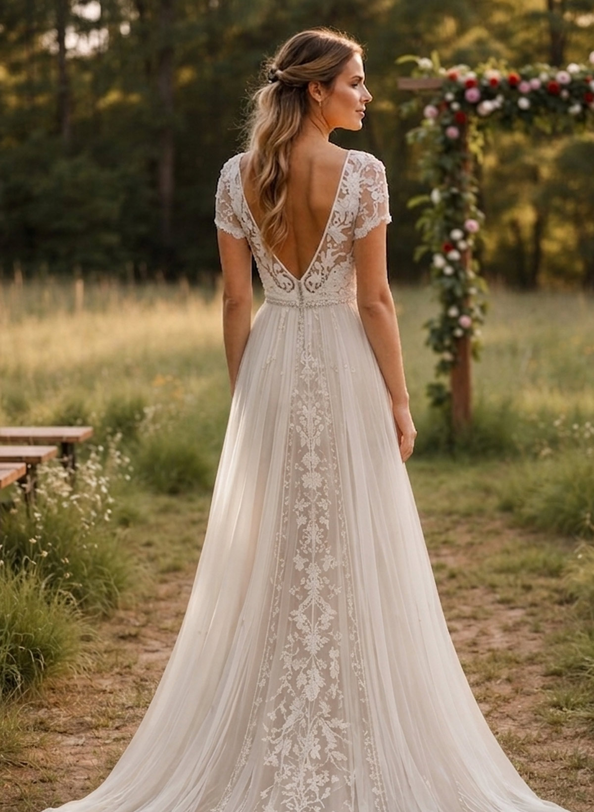 A-Line V-Neck Short Sleeves Lace/Tulle Bride Wedding Dress With Appliques Lace