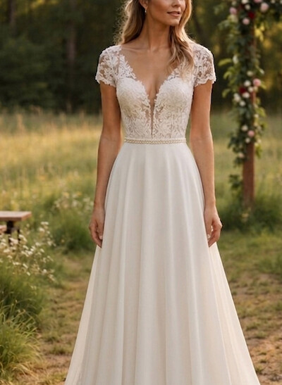 A-Line V-Neck Short Sleeves Lace/Tulle Bride Wedding Dress With Appliques Lace