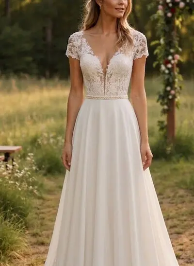 A-Line V-Neck Short Sleeves Lace/Tulle Bride Wedding Dress With Appliques Lace