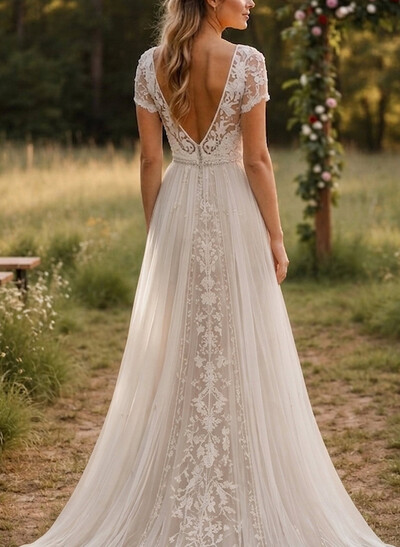 A-Line V-Neck Short Sleeves Lace/Tulle Bride Wedding Dress With Appliques Lace