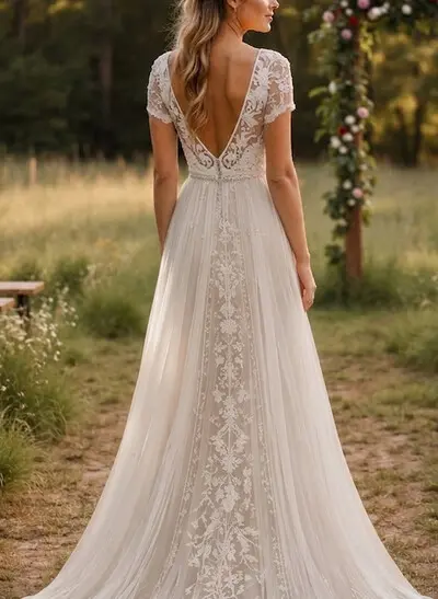A-Line V-Neck Short Sleeves Sweep Train Chiffon/Lace Wedding Dresses With Pockets/Appliques Lace