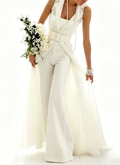 Jumpsuit/Pantsuit Square Neckline Sleeveless Court Train Chiffon/Elastic Satin Bride Wedding Dress With Sash
