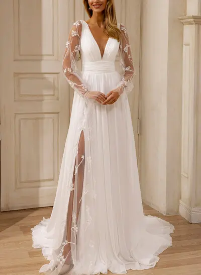 A-Line Plunge Neck Long Sleeves Court Train Chiffon/Lace Bride Wedding Dress With Appliques Lace