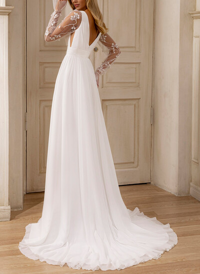 A-Line Plunge Neck Long Sleeves Court Train Chiffon/Lace Bride Wedding Dress With Appliques Lace