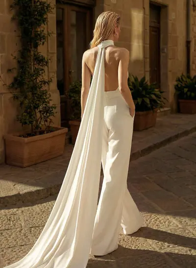 Jumpsuit/Pantsuit Halter Sleeveless Court Train Crepe Satin Wedding Dress With Pockets