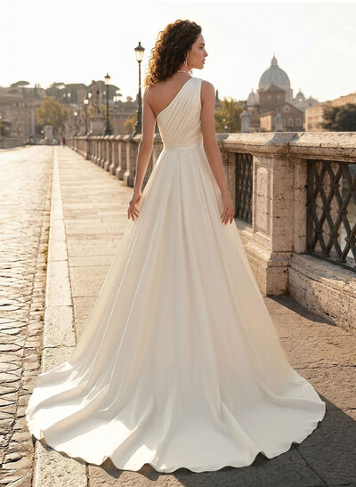 Jumpsuit/Pantsuit One-Shoulder Sleeveless Detachable Crepe Satin Bride Wedding Dress With Pleated
