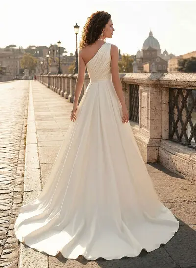 Jumpsuit/Pantsuit One-Shoulder Sleeveless Detachable Crepe Satin Wedding Dress With Pleated