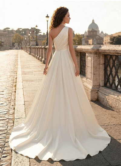 Jumpsuit/Pantsuit One-Shoulder Sleeveless Detachable Crepe Satin Wedding Dress With Pleated