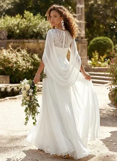 A-Line Illusion Neck Cape Sleeves Floor-Length Chiffon Wedding Dresses With Pockets/Flower