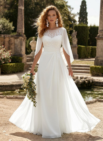 A-Line Scoop Neck 3/4 Sleeves Floor-Length Chiffon Bride Wedding Dress With Pockets/Flower(s)