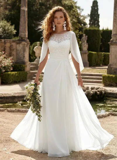 A-Line Scoop Neck 3/4 Sleeves Floor-Length Chiffon Bride Wedding Dress With Pockets/Flower(s)