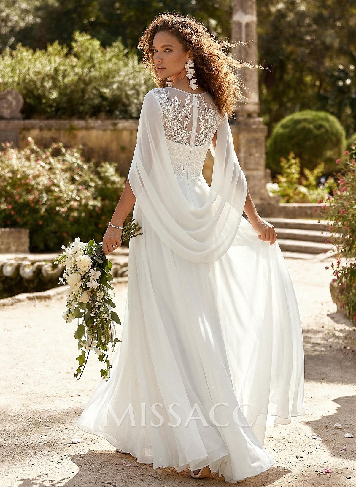 A-Line Scoop Neck 3/4 Sleeves Floor-Length Chiffon Bride Wedding Dress With Pockets/Flower(s) A-Line Scoop Neck 3/4 Sleeves Floor-Length Chiffon Bride Wedding Dress With Pockets/Flower(s)