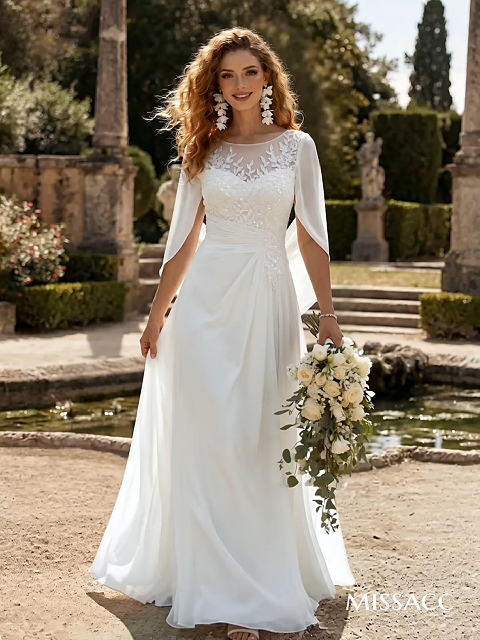 A-Line Illusion Neck 3/4 Sleeves Floor-Length Chiffon Wedding Dress With Pockets/Flower(s)