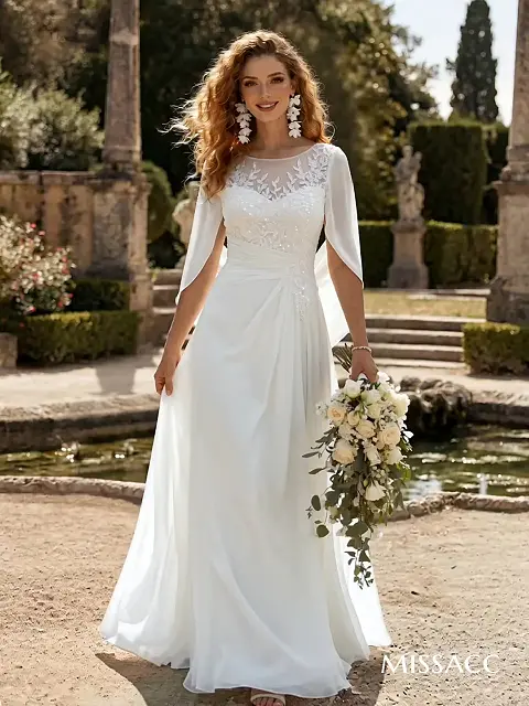 A-Line Illusion Neck Cape Sleeves Floor-Length Chiffon Wedding Dresses With Pockets/Flower A-Line Illusion Neck Cape Sleeves Floor-Length Chiffon Wedding Dresses With Pockets/Flower