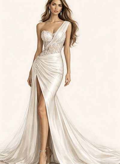 Trumpet/Mermaid One-Shoulder Sleeveless Chapel Train Lace/Matte Satin Bride Wedding Dress With Beading/High Split