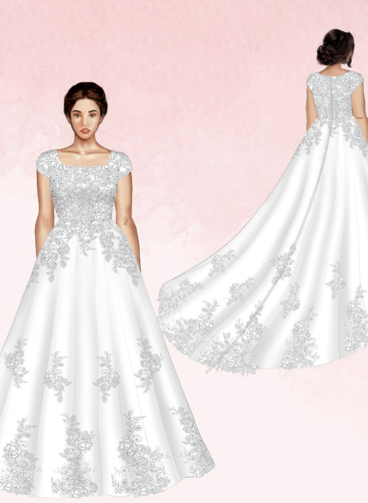 Ball-Gown Square Neckline Short Sleeves Court Train Satin Bride Wedding Dress With Flower(s)