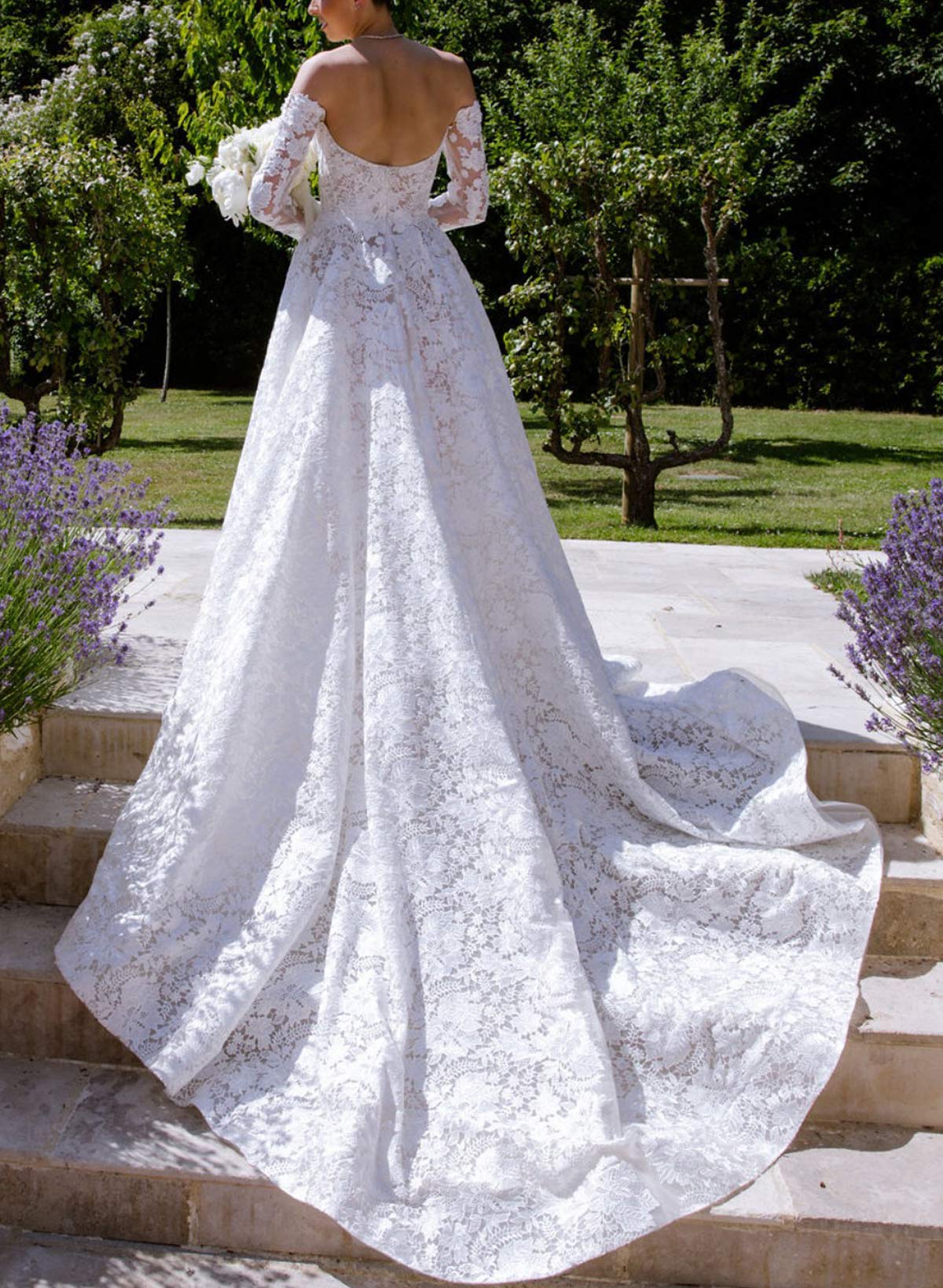 A-Line Off-The-Shoulder Long Sleeves Cathedral Lace Bride Wedding Dress With Appliques Lace