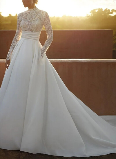A-Line High Neck Long Sleeves Cathedral Chiffon/Lace Bride Wedding Dress With Appliques Sash