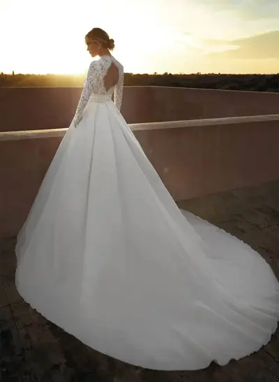 A-Line High Neck Long Sleeves Cathedral Chiffon/Lace Wedding Dress With Appliques Sash