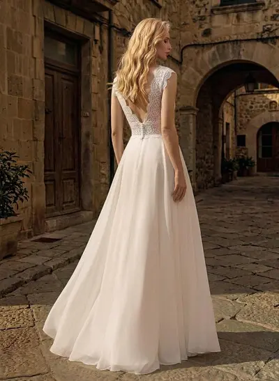 A-Line V-Neck Sleeveless Floor-Length Chiffon/Lace Wedding Dresses With Lace/Overskirt Dress