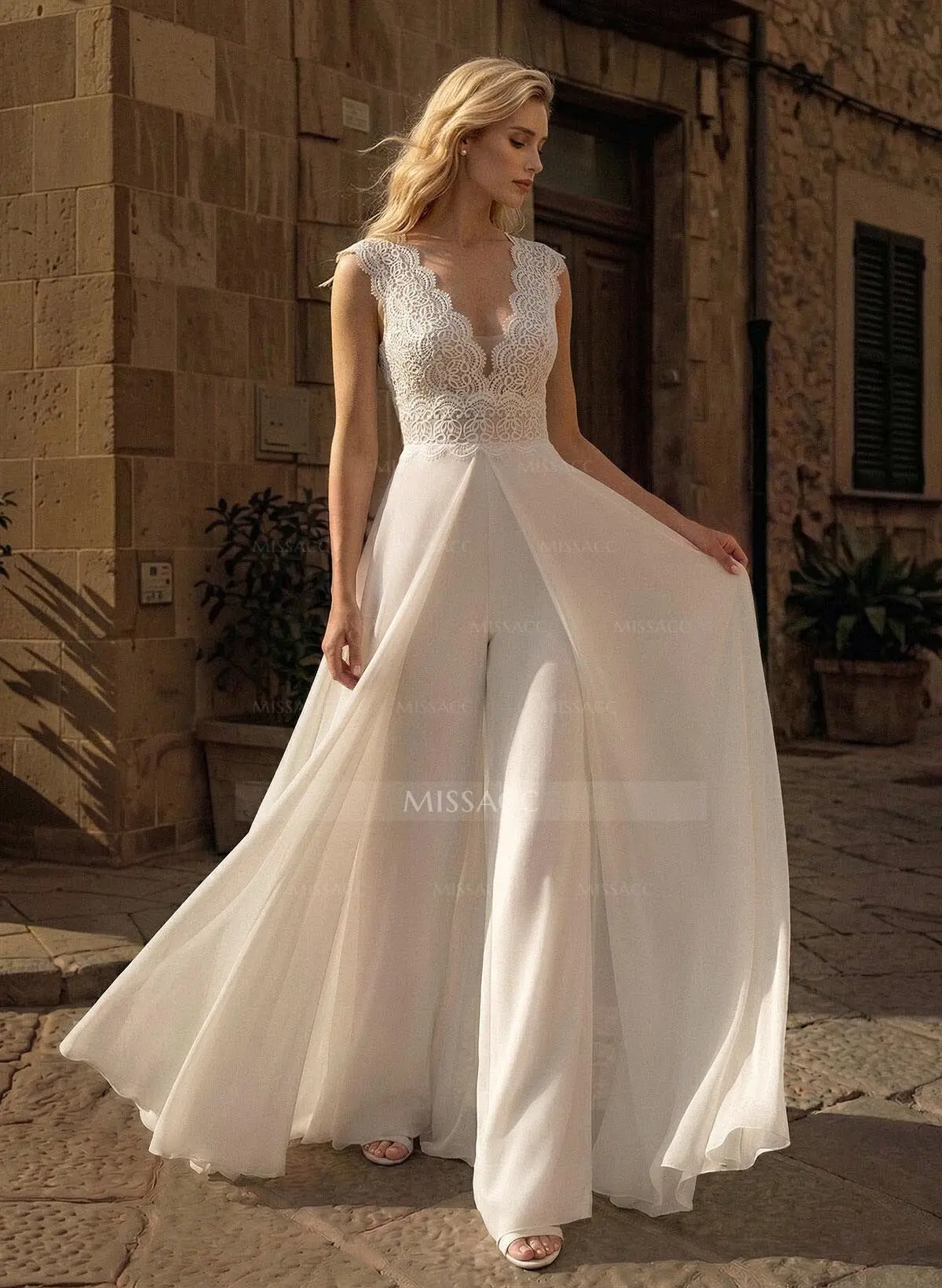 A-Line V-Neck Sleeveless Floor-Length Chiffon/Lace Wedding Dresses With Lace/Overskirt  Dress - Missacc