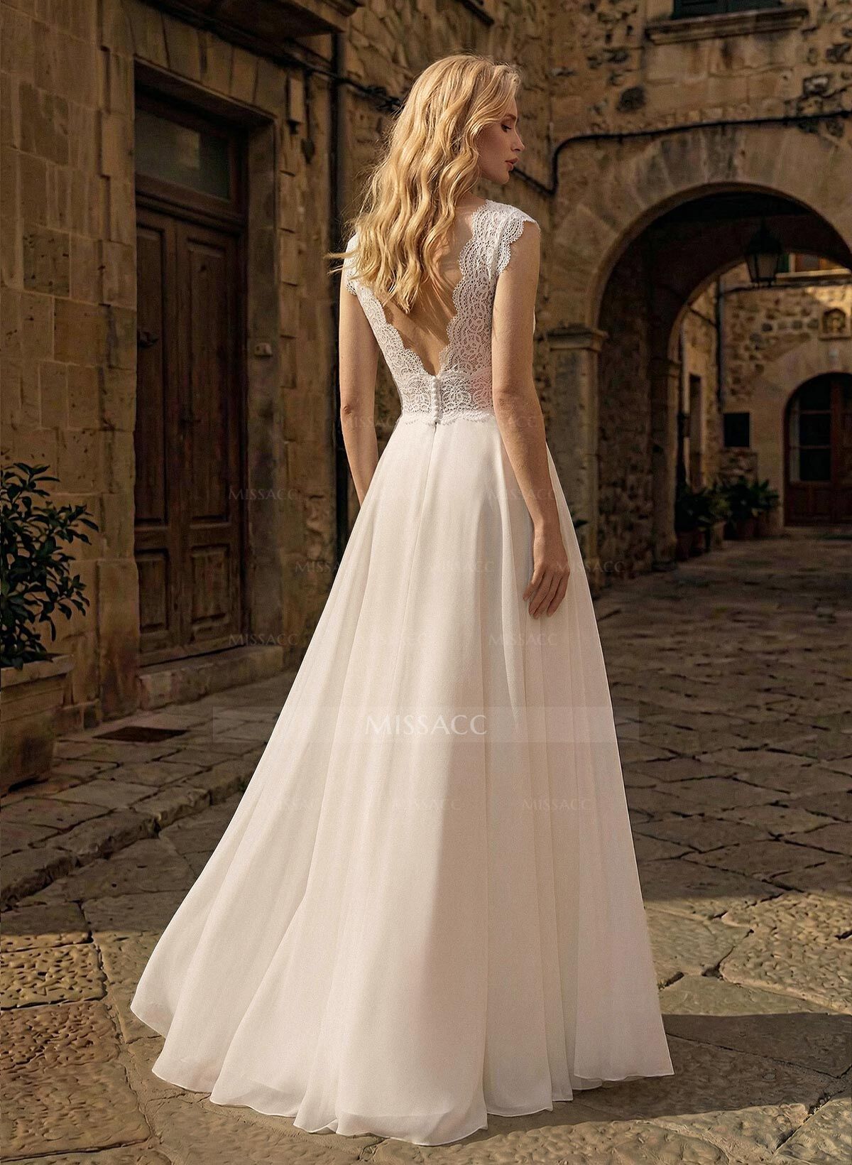 A-Line V-Neck Sleeveless Floor-Length Chiffon/Lace Wedding Dresses With Lace/Overskirt Dress