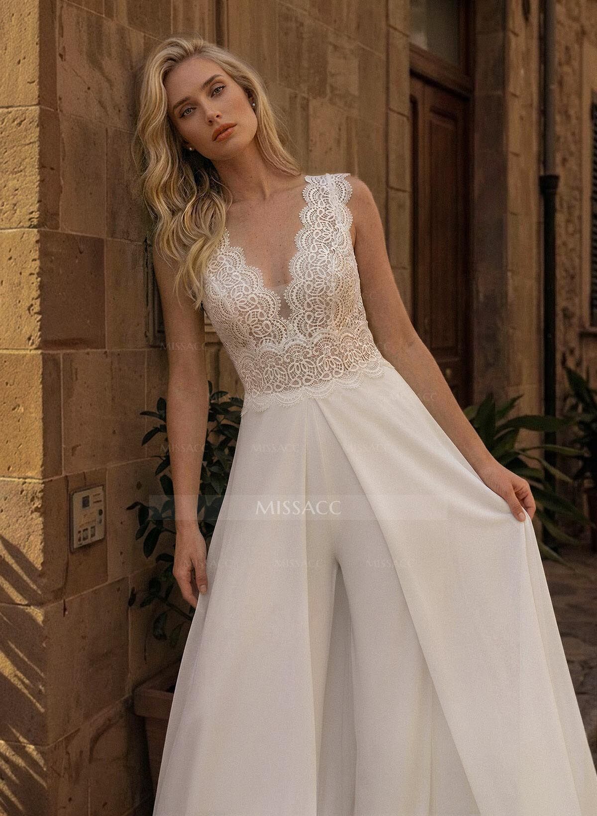 A-Line V-Neck Sleeveless Floor-Length Chiffon/Lace Wedding Dresses With Lace/Overskirt Dress