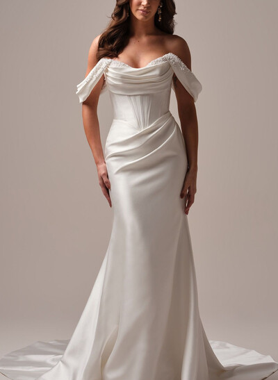 A-Line Off-The-Shoulder Sleeveless Court Train Matte Satin Bride Wedding Dress With Beading