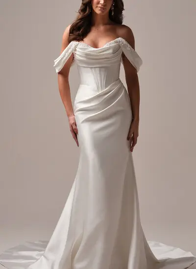 A-Line Off-The-Shoulder Sleeveless Court Train Matte Satin Bride Wedding Dress With Beading