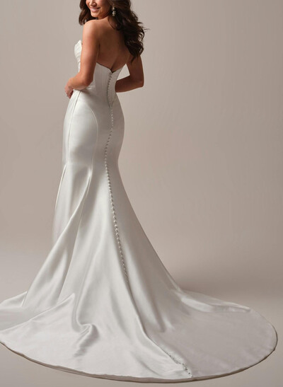 A-Line Off-The-Shoulder Sleeveless Court Train Matte Satin Bride Wedding Dress With Beading